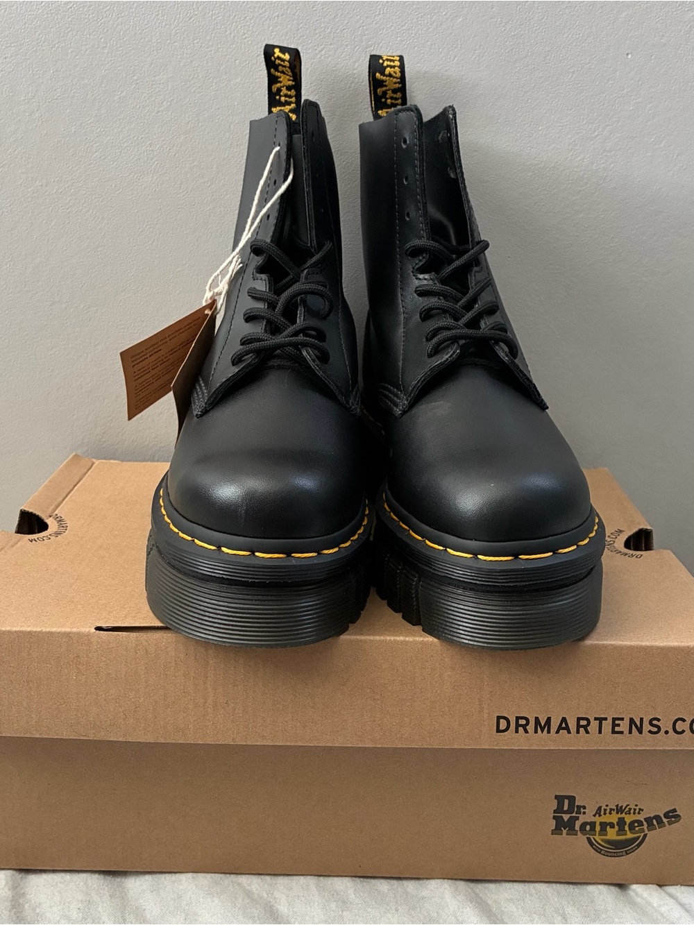 Dr. Martens Black Leather Platform Lace-Up Boots with Yellow Stitching